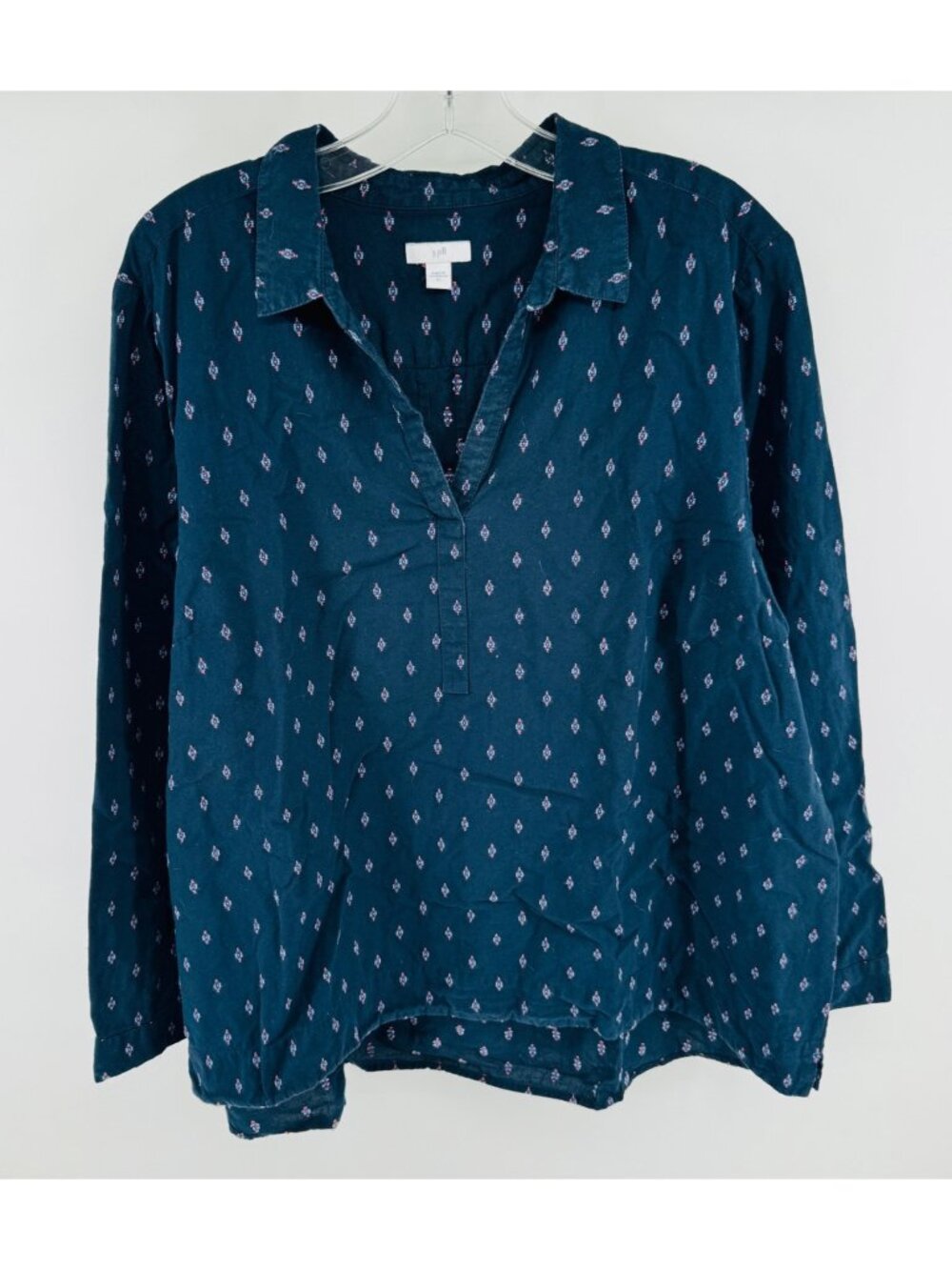 J Jill Navy Embroidered V Neck Collared Long Sleeve Top Womens Size XL Navy Blue